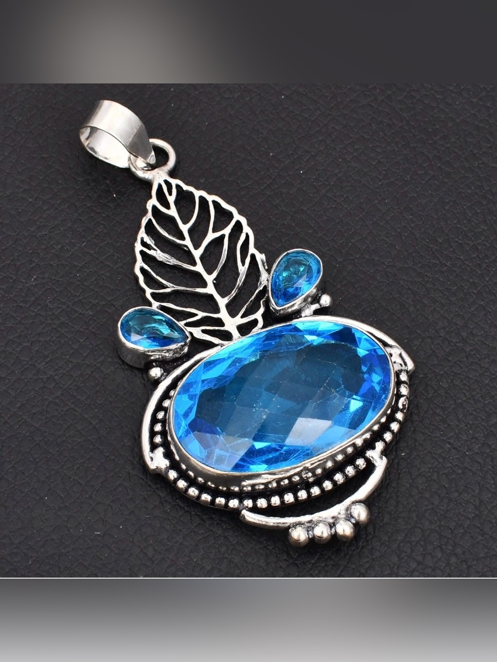 Blue Topaz Artisan Handcrafted Leaf Gemstone Pendant Necklace